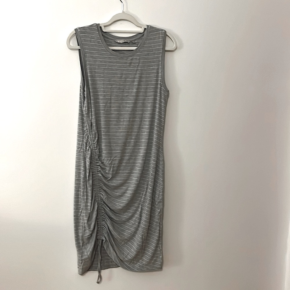 Athleta grey and white striped casual dress, adjustable side ruching size medium